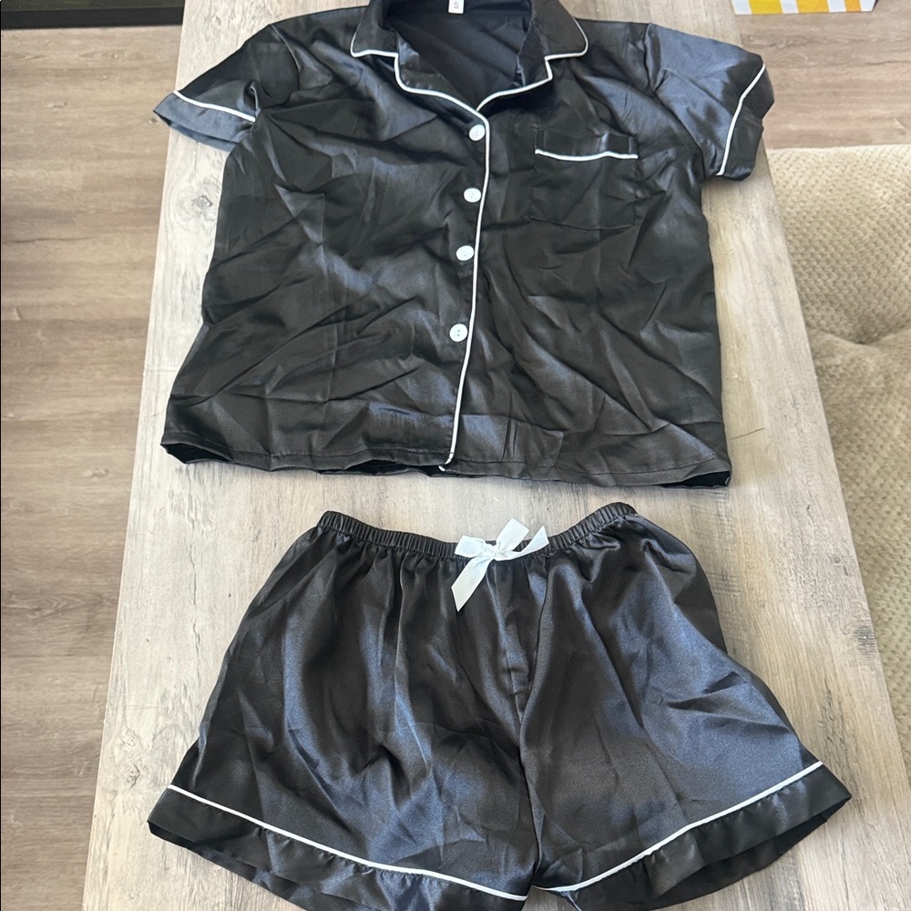 SHEIN Black Satin Pajama Set with White Trim
